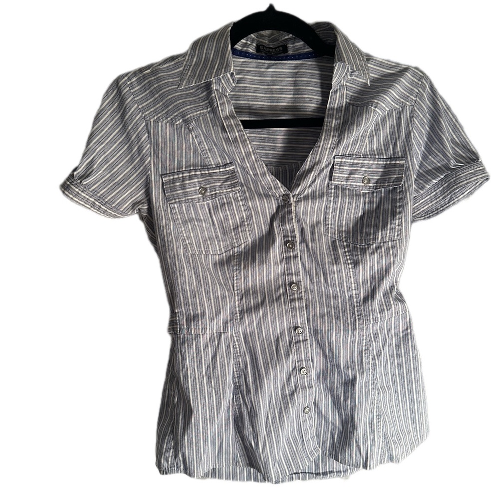 Vintage Express Blue and White Striped Short-Sleeve Button-Down